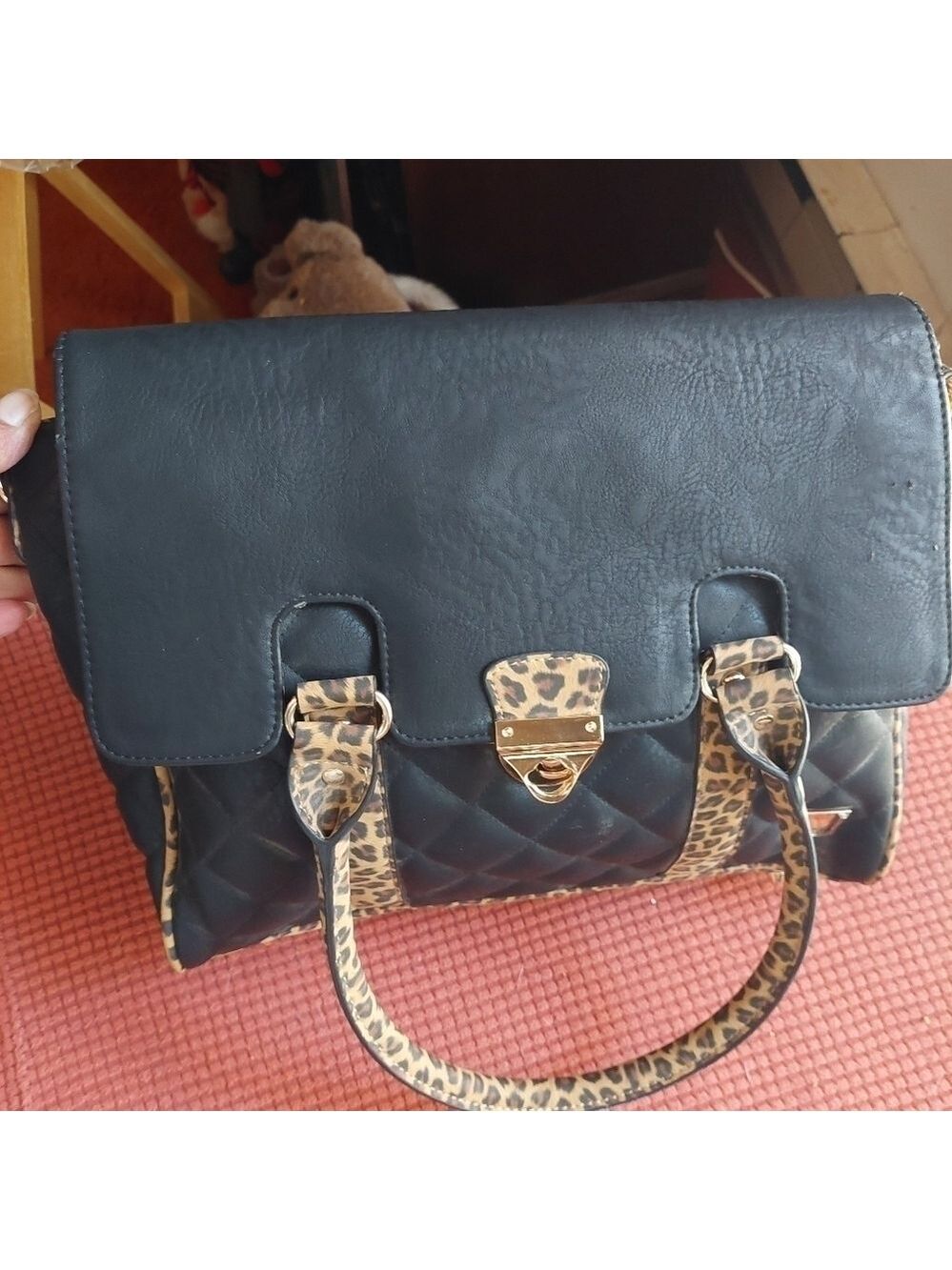Joanel Quilted & Plain Black & Faux Leopard Trim Handbag (Large)